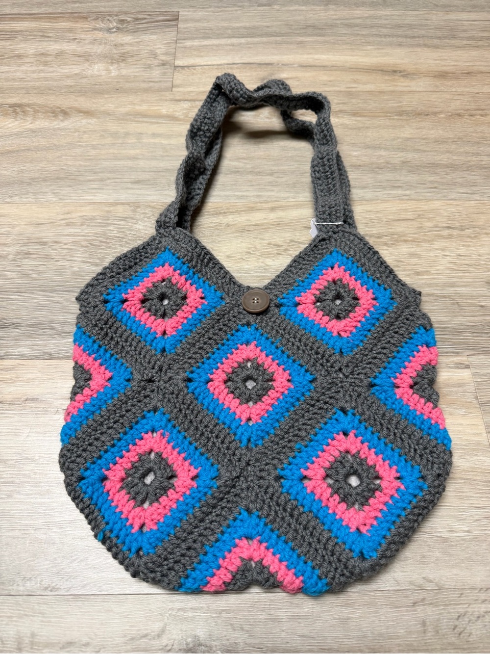 Handcrafted Gray Crochet Tote with Pink & Blue Accents
